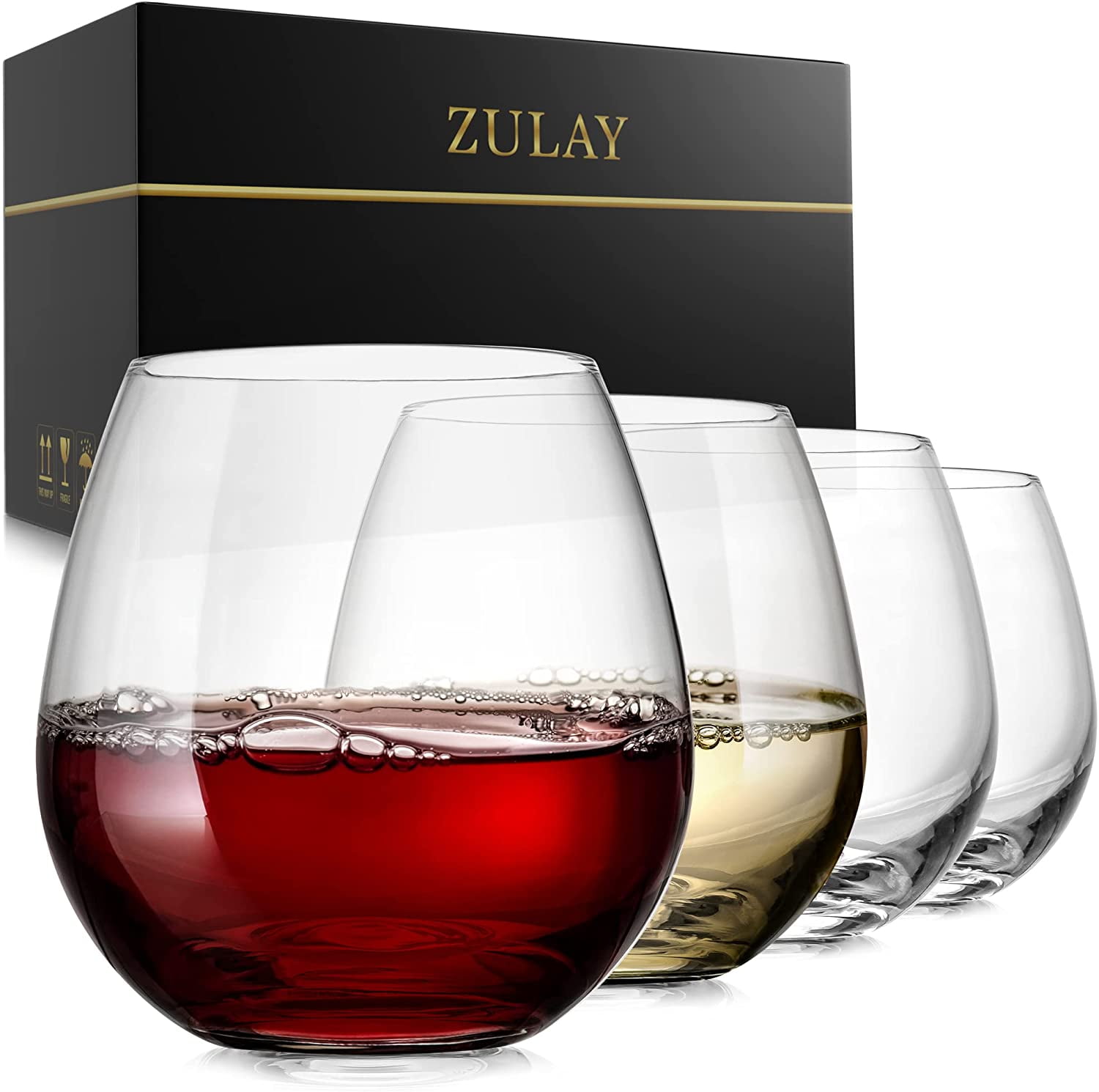 Zulay Kitchen - Brandclub - Zulay Premium Class Stemless Wine Glasses -  14.5 Ounce Stemless Wine Glass Set For Red & White Wine - Set of 4