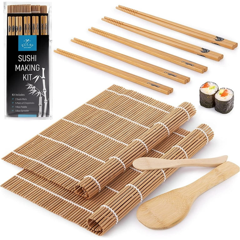 Bueautybox 9pcs Premium Sushi Making Kit, Sushi Mat, Including 2 Sushi Roller - Glue Free, 5 Pairs of Chopsticks, 1 Paddle, 1 Spreader, Quality Smooth