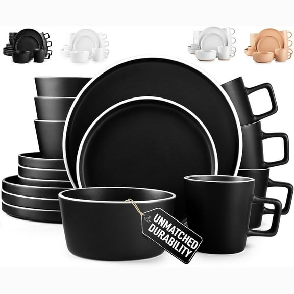 Zulay Kitchen Terra Plates and Bowls Sets, 16 Piece Modern Stoneware Dish - Set for 4