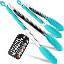 Zulay Kitchen Tongs For Cooking - 2 Pack 9" & 12" Stainless Steel Silicone Tong Set, Aqua Sky
