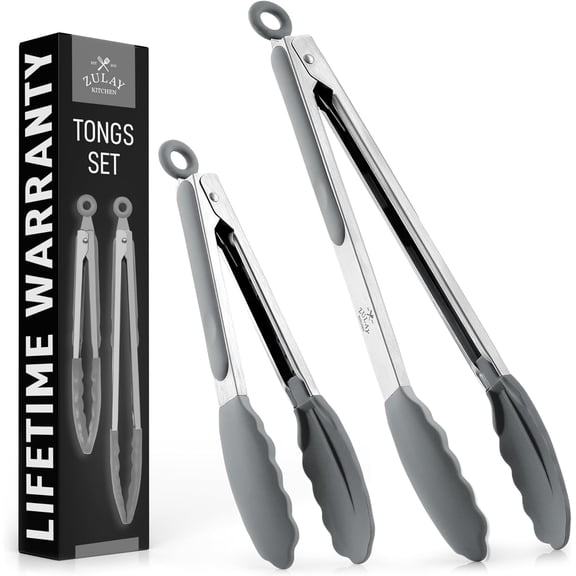 Zulay Kitchen Tongs For Cooking - 2 Pack 9" & 12" Stainless Steel Silicone Tong Set, Gray