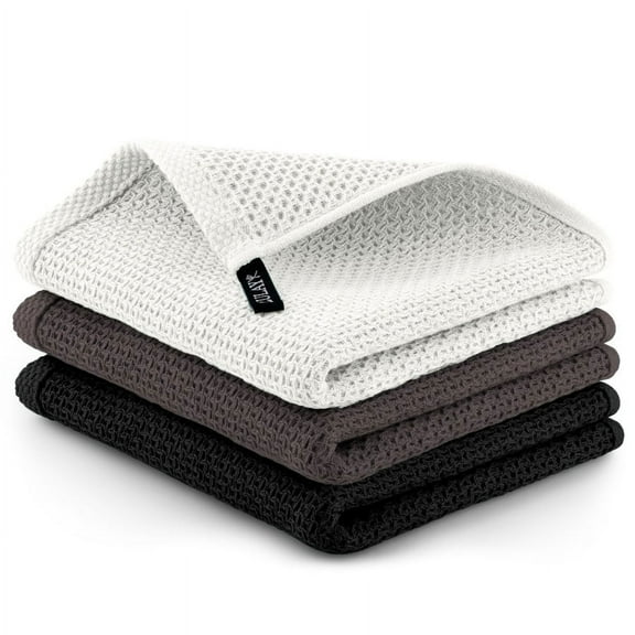 Zulay Kitchen Reusable Towels 3 Pack 100% Cotton Waffle Weave - Super Absorbent Dish Towels for Kitchen (Black, Dark Grey & White, 12x12” )