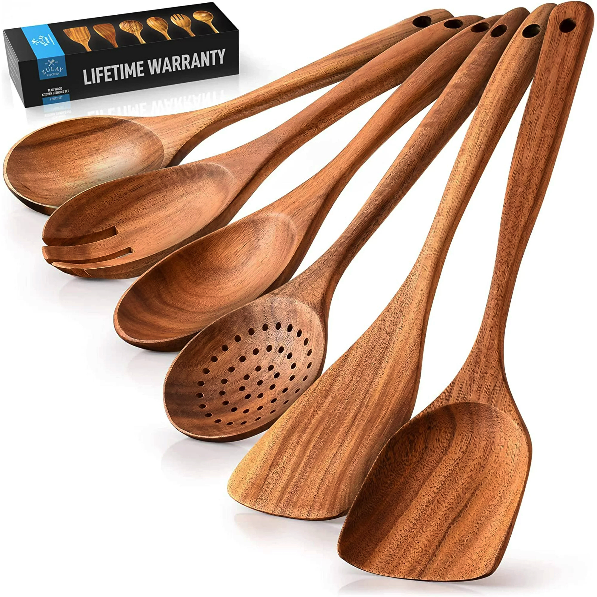 Zulay Kitchen Wooden Spoon for Cooking, Wooden Utensils for Cooking, Teak Wood Utensil Set Non Stick - 6 Piece Set - image 1 of 8