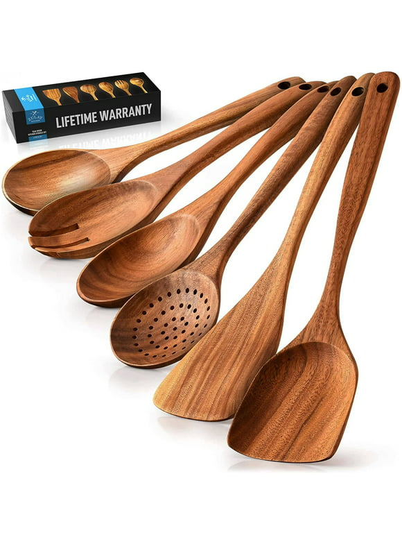Zulay Kitchen Wooden Spoon for Cooking, Wooden Utensils for Cooking, Teak Wood Utensil Set Non Stick - 6 Piece Set