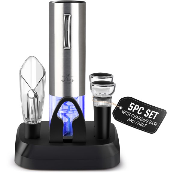 Zulay One-Touch Electric 5-in-1 Wine Bottle Opener Set with Foil Cutter, Aerator & Pourer, 2x Vacuum Stopper, USB Rechargeable Corkscrew - Automatic, Cordless, Sleek Design for Home, Bar & Gifting