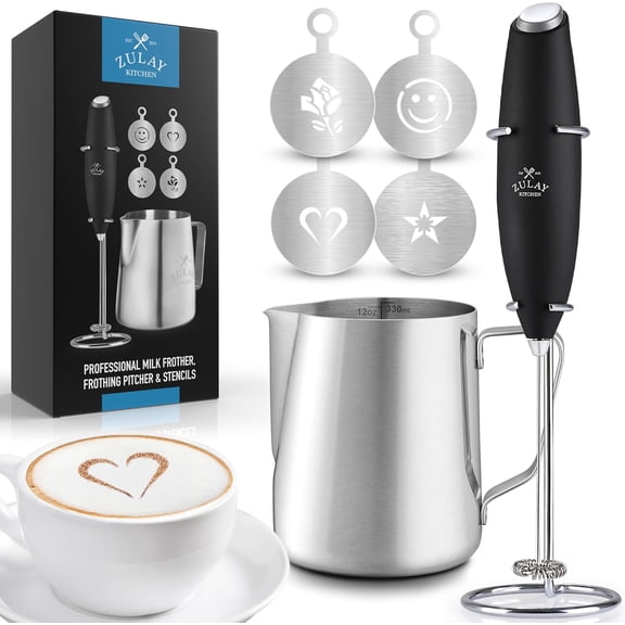 Zulay Premium Gift Milk Frother Set Handheld Coffee Frother with Stand, 12oz/350ml Frothing Pitcher + 4 Latte Art Stencils 13,000 RPM Motor, SS Whisk, Battery Operated Barista Kit
