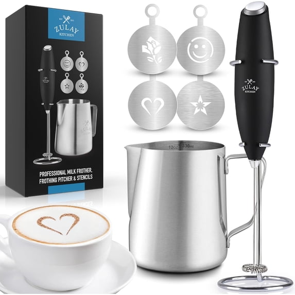 Zulay Premium Gift Milk Frother Set – Handheld Coffee Frother with Stand, 12oz/350ml Frothing Pitcher + 4 Latte Art Stencils – 13,000 RPM Motor, SS Whisk, Battery Operated – Barista Kit