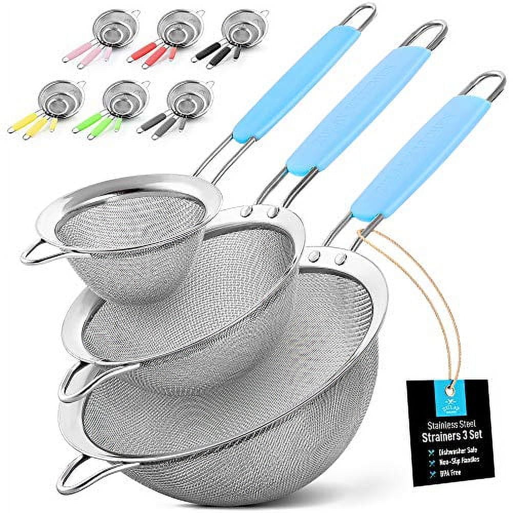 Blue Stainless Steel Mesh Strainer Set with Non-Slip Handles
