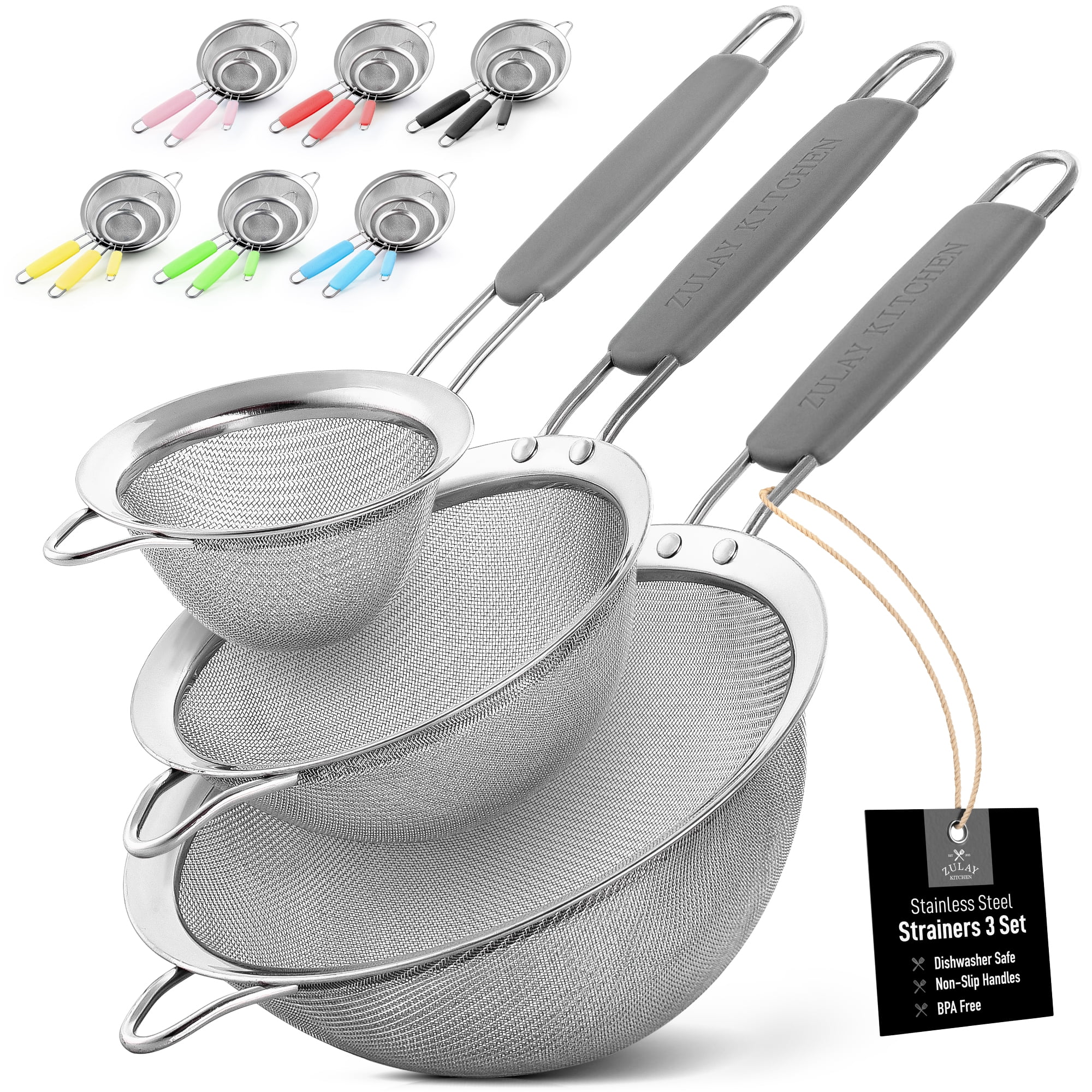 Gray Stainless Steel Fine Mesh Strainer Set with Non-Slip Handles