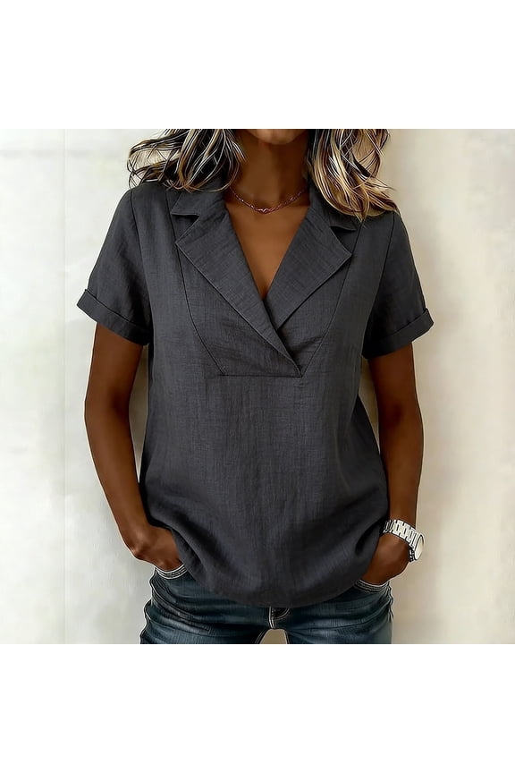 Women Notched Lapel Short Sleeve Roll Up Sleeve Casual Blazer Top
