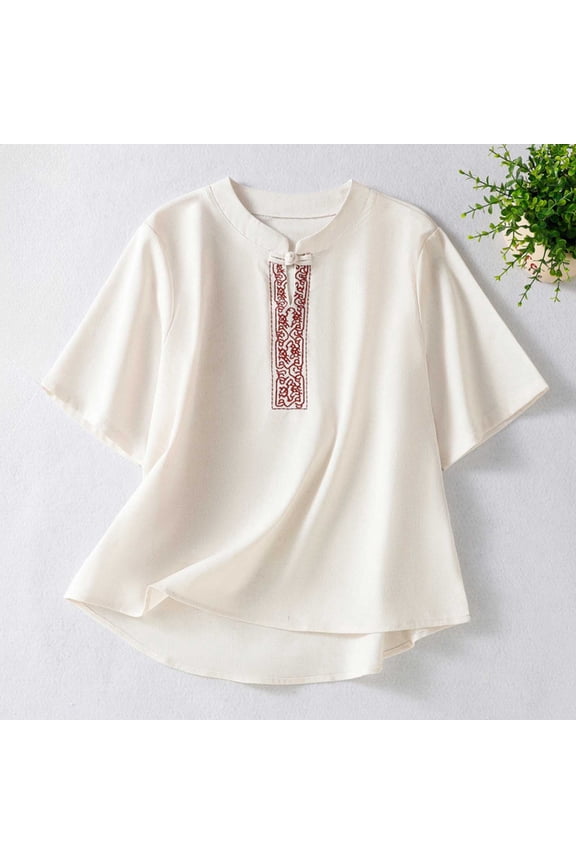 Women Short Sleeve Keyhole Neck Lace Up Casual Blouse Elegant Top