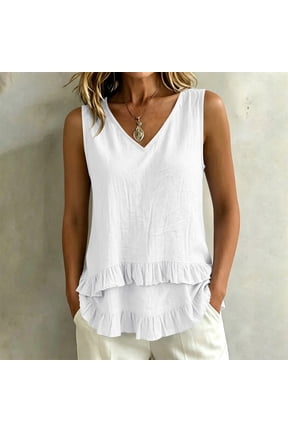 Women Sleeveless V Neck Double Ruffle Tier Casual Top
