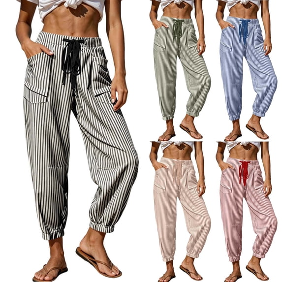 Zulora Women Stylish Striped High Waist Drawstring Pants Casual Elastic Cuffed Ankle Joggers with Pockets