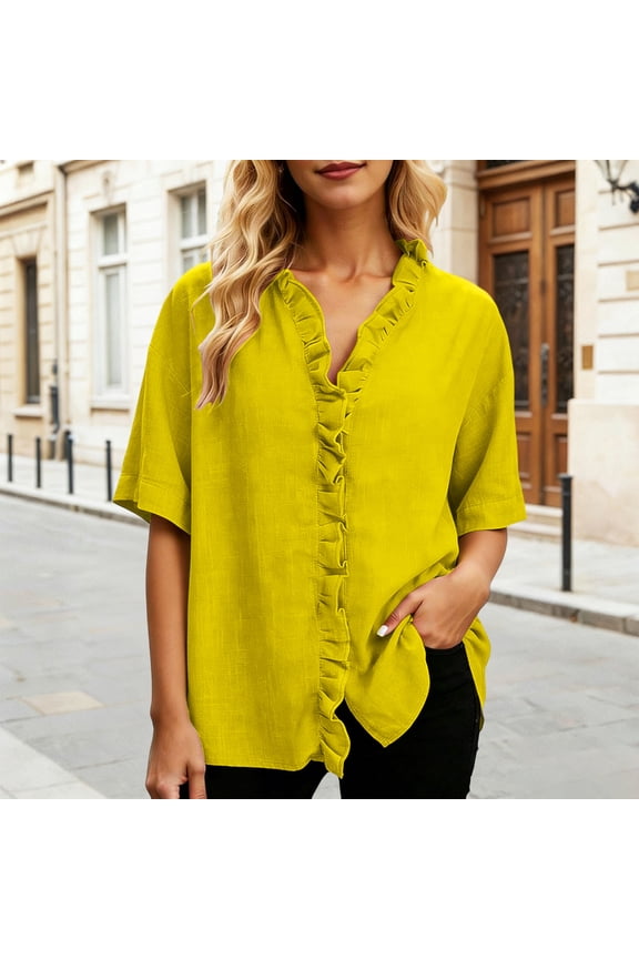Women's Casual 3/4 Sleeve V-Neck Ruffled Shirt Blouse Ruffled Edge Top Loose Fit Casual