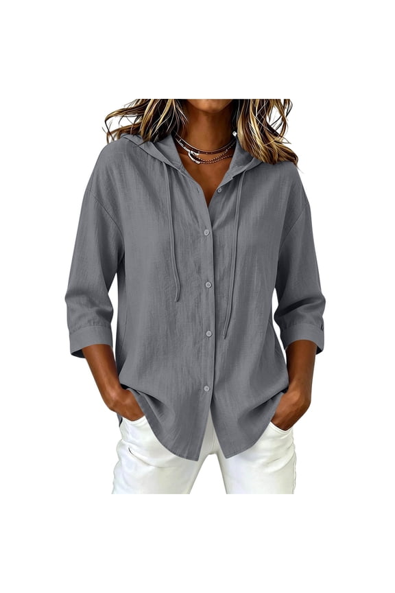 Women's Casual Loose 3/4 Sleeve Collar Hoodie Solid Color Blouse for Spring Summer