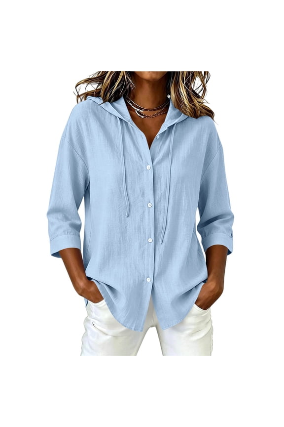 Women's Casual Loose 3/4 Sleeve Collar Hoodie Solid Color Blouse for Spring Summer
