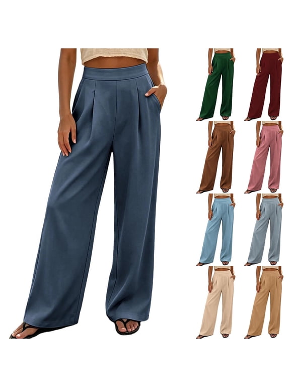 Women's Fall High Waist Wide Leg Lounge Pants Soft Knit Flowy Trousers with Deep Pockets