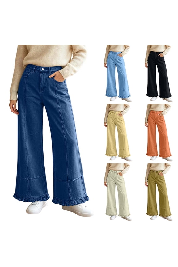 Women's Fashion High Waist Straight Leg Jeans Ruffle Hem Denim Long Pants with Pockets Button Zipper Casual Trouser
