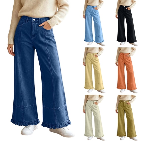 Zulora Women's Fashion High Waist Straight Leg Jeans Ruffle Hem Denim Long Pants with Pockets Button Zipper Casual Trouser