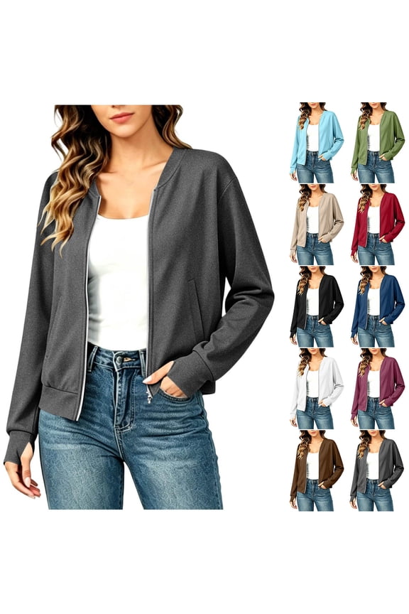 Women's Fashion Solid Color Lightweight Full-Zip Jacket with Thumb Holes