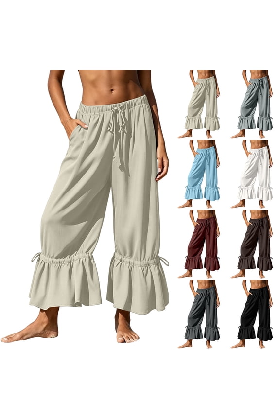 Women's Flowy Cropped Pants with Ruffle Hem and Drawstring Waist - Casual Beach Trousers with Pockets