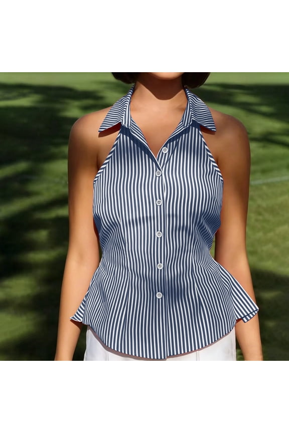 Women's Halter Neck Striped Sleeveless Blouse Button Down Summer Vacation Top