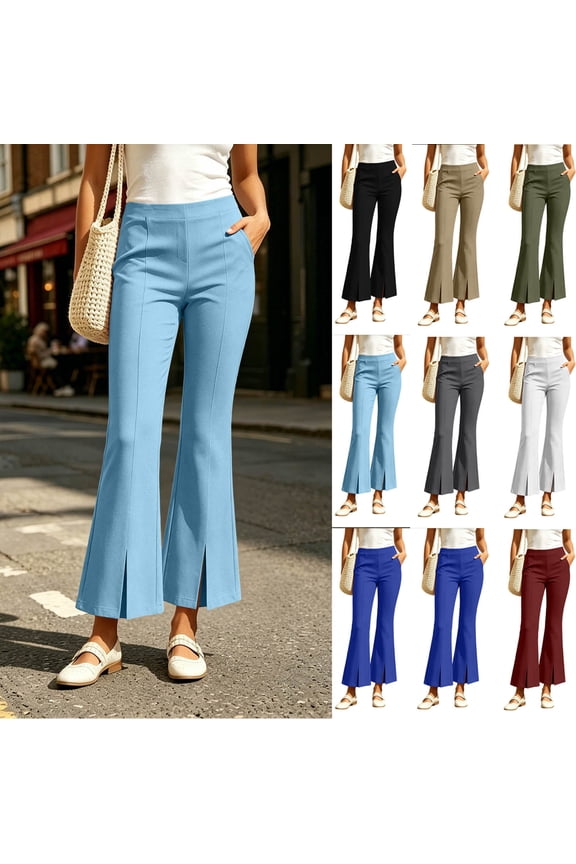 Women’s High Waist Slit Flared Pants Solid Color Pockets Casual Suit Long Trousers