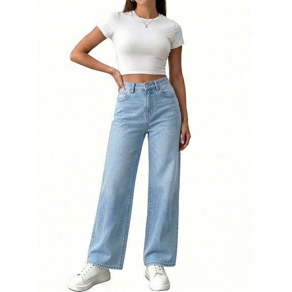 Zulora Women's High Waist Wide Leg Jeans Cuffed Hem Denim Pants Vintage Casual Straight Trousers for Spring Summer