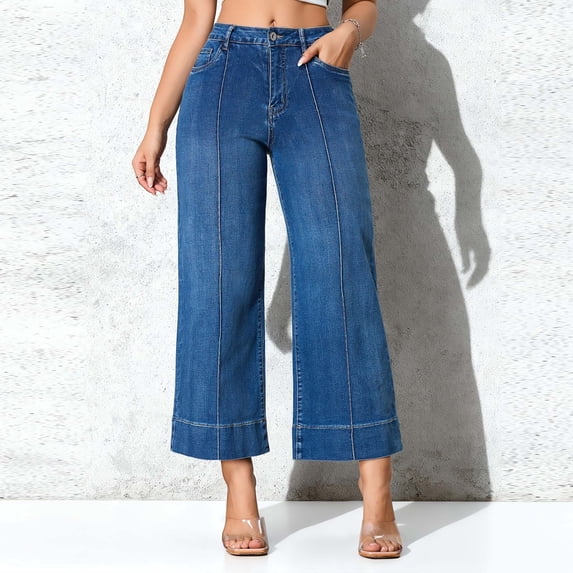 Zulora Women's High Waisted Stretchy Straight Leg Jeans Casual Solid Color Denim Pants with Pockets Full Length Trousers Fashion