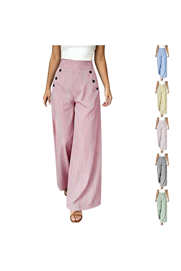 Women's High-Waisted Striped Wide-Leg Trousers Double-Breasted Button Detail Flowy Casual Pants