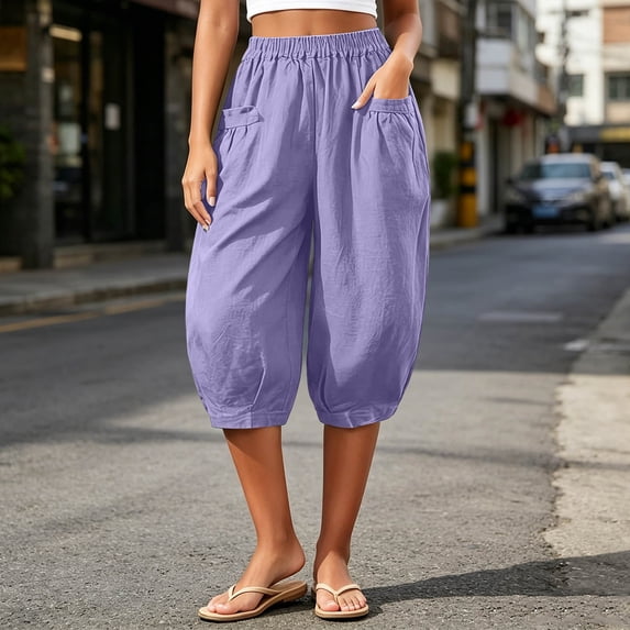 Zulora Women's High Waisted Wide Leg Capri Pants Stretchy Elastic Waist Pleated Cropped Trousers Loose Casual Summer Pants