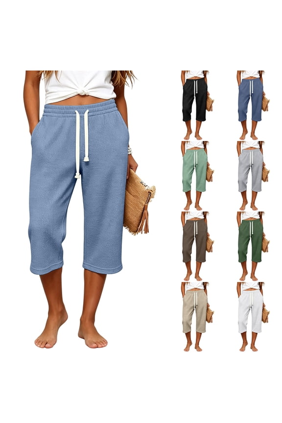 Women's Knit Casual Drawstring Waist Summer Beach Capri Pants with Pockets