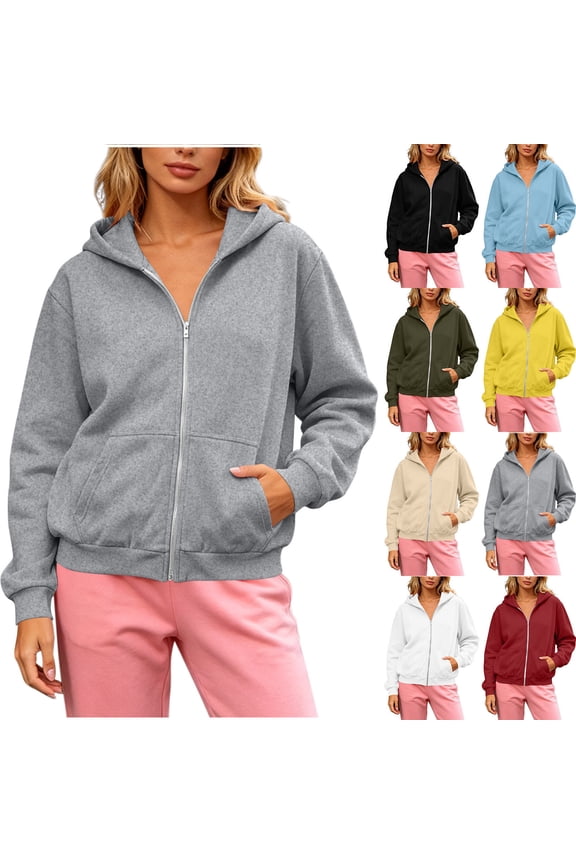 Women's Oversized Drop Shoulder Full Zip Hoodie with Kangaroo Pocket Casual Jacket