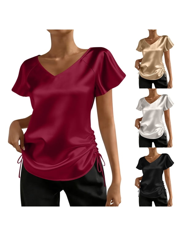 Women's Satin V-Neck Ruffled Short Sleeve Top | Side Drawstring Cinched Waist Blouse | Elegant Work Casual Evening Top