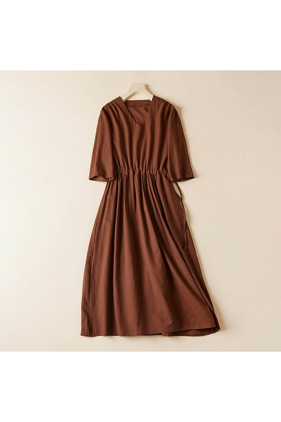 Women's Short Sleeve Midi Dress Round Neck Cinched Waist Flowy A Line Chiffon Boho Summer Casual Work Office Dress