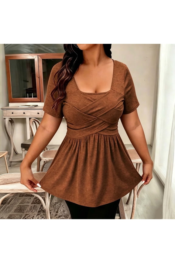 Women's Short Sleeve Square Neck Solid Color Peplum Casual Summer Top Fit Flare