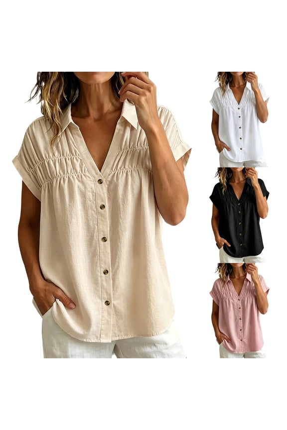 Women's Spring Summer V-Neck Buttoned Ruffled Cap Sleeve Blouse | Casual Textured Flowy Top | Elegant Daily Vacation Shirt