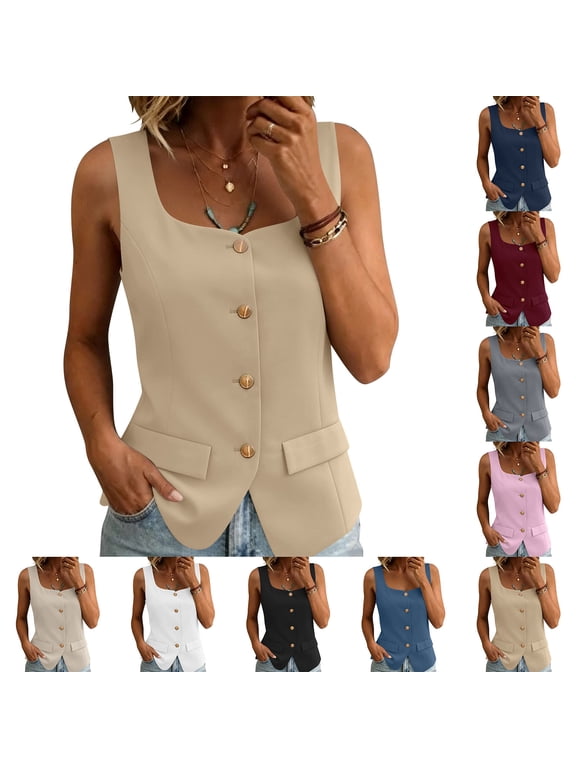 Women's Square Neck Sleeveless Button Down Blouse Casual Loose Fit Top for Daily