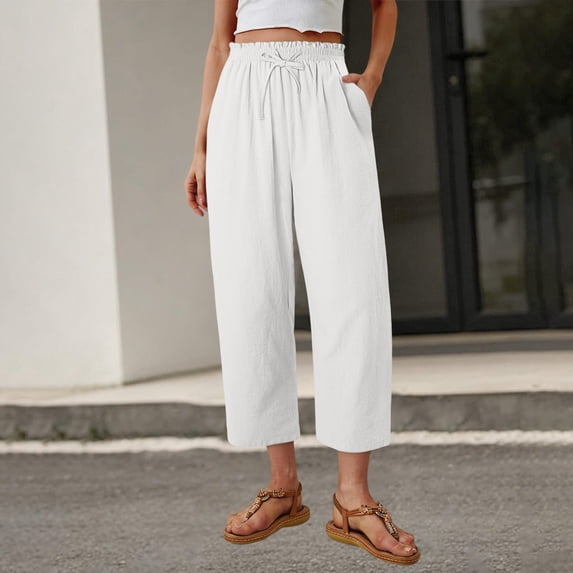 Zulora Women's Summer Solid Color Linen Elastic High Waist Pants Casual Straight Leg Capri Trousers with Gathered Waist and Sashes Plus Size Beach Holiday Pants