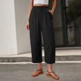 thumbnail image 1 of Zulora Women's Summer Solid Color Linen Elastic High Waist Pants Casual Straight Leg Capri Trousers with Gathered Waist and Sashes Plus Size Beach Holiday Pants, 1 of 6