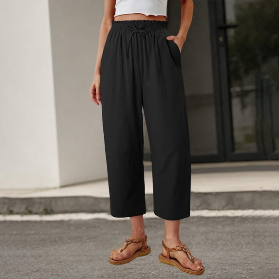 Zulora Women's Summer Solid Color Linen Elastic High Waist Pants Casual Straight Leg Capri Trousers with Gathered Waist and Sashes Plus Size Beach Holiday Pants