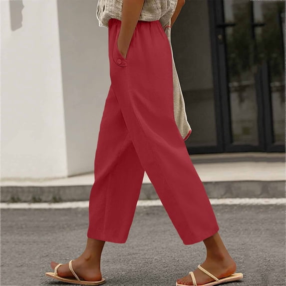 Zulora Women's Summer Solid Color Linen Elastic High Waist Pants Casual Straight Leg Capri Trousers with Side Button Waist for Beach Holiday Daily Wear