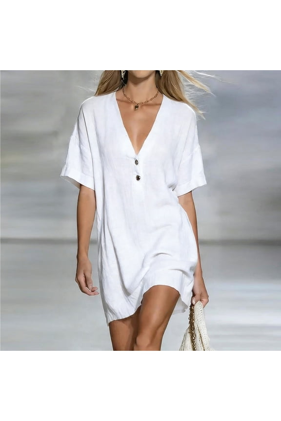 Women's V Neck Short Sleeve Romper Button Front Drawstring Waist Tie Detail Playsuit for Summer