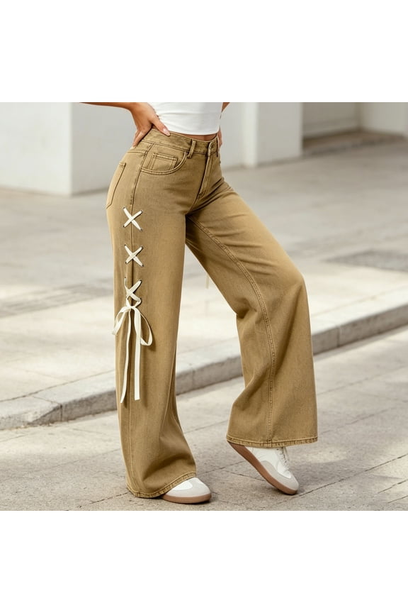 Women's Wide Leg Jeans with Side Lace Up Design Casual Solid Color Denim Pants High Waisted Long Trousers