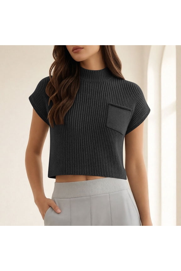 Womens Solid Color High Stand Collar Short Sleeve Top Soft Fit