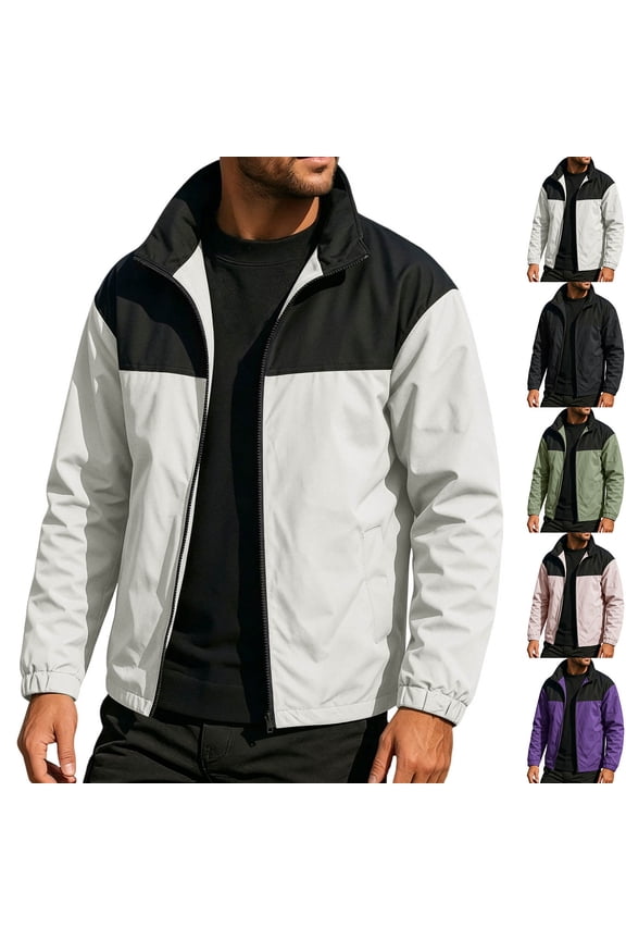 Men's Outdoor Color-Block Zippered Jacket Windproof Sweatproof Casual Coat for All Seasons