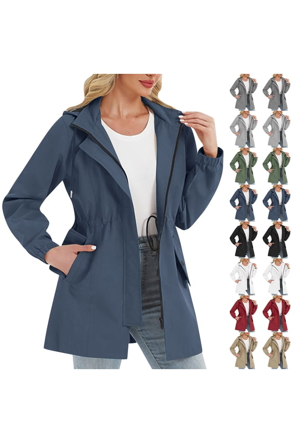 Women's Waterproof Hooded Jacket - Detachable Hood Drawstring Pocket Outdoor Windbreaker for Spring Winter