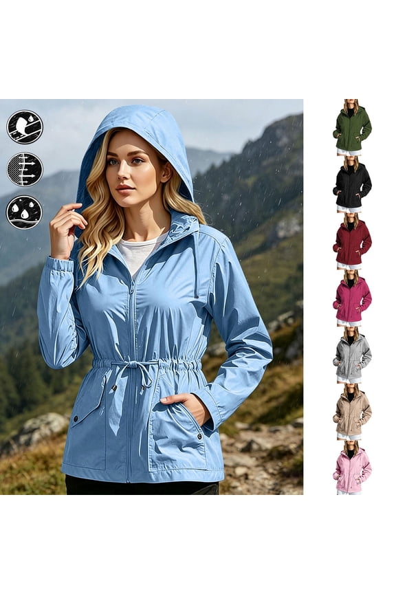 Women's Waterproof Windproof Hiking Jacket with Adjustable Drawstring Waist Hooded Outdoor Camping Running Jacket