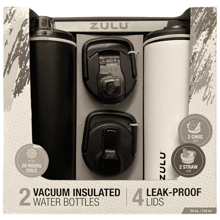 zulu 411-2401-900 stainless steel water bottle with lids., 2pk 24oz, includes 2 extra lids