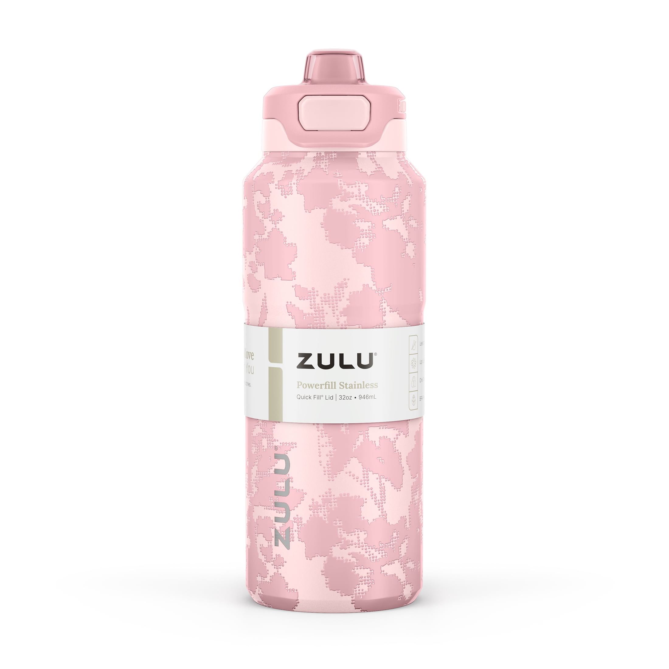 Zulu Powerfill 32oz Stainless Steel Water Bottle, Pink
